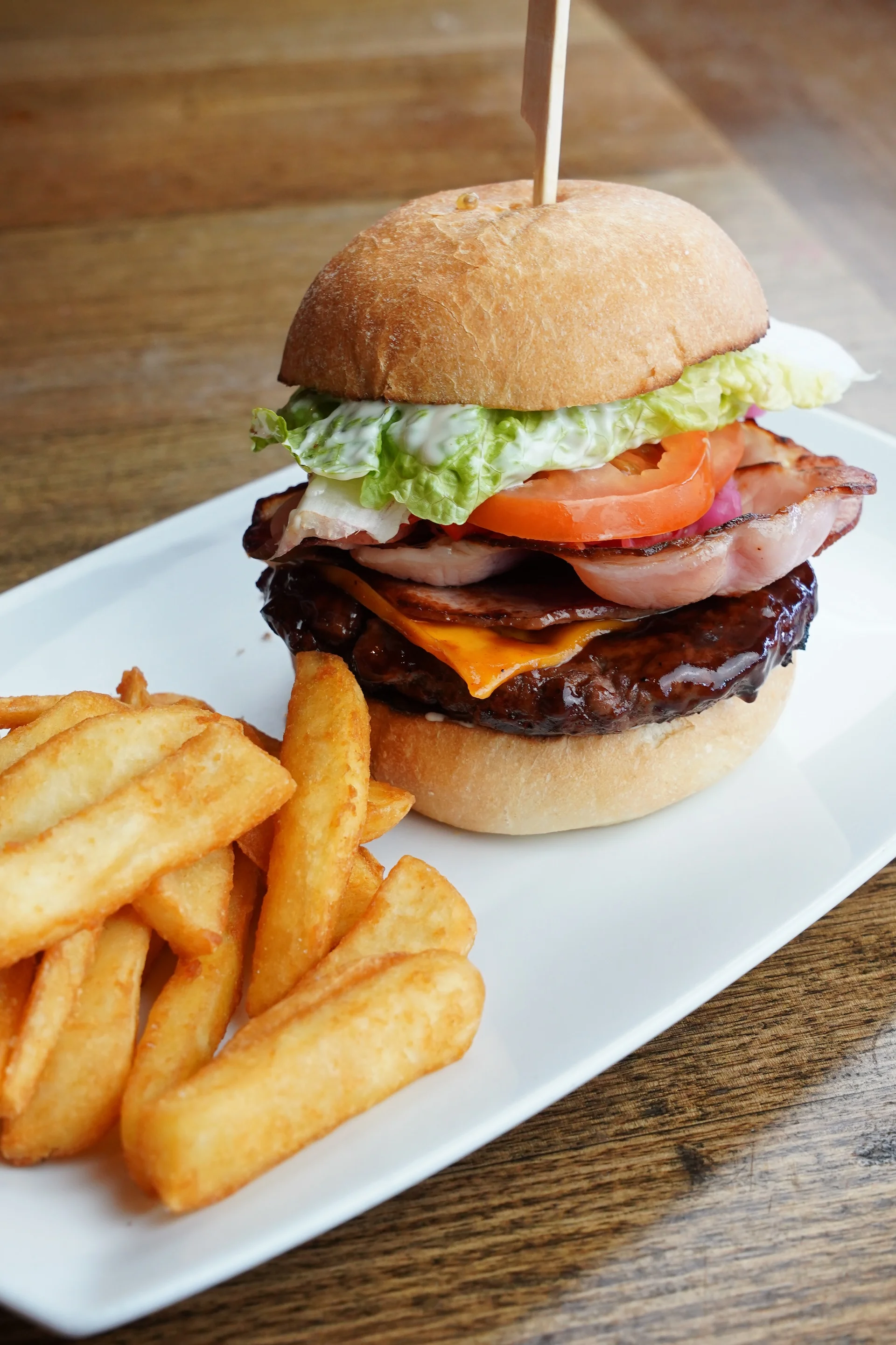 Bacon and cheese beef burger with steak chips at Waterbar & Grill Steakhouse, Cairns